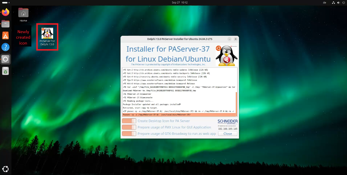 PAServer Installer finished the installation and created a desktop icon